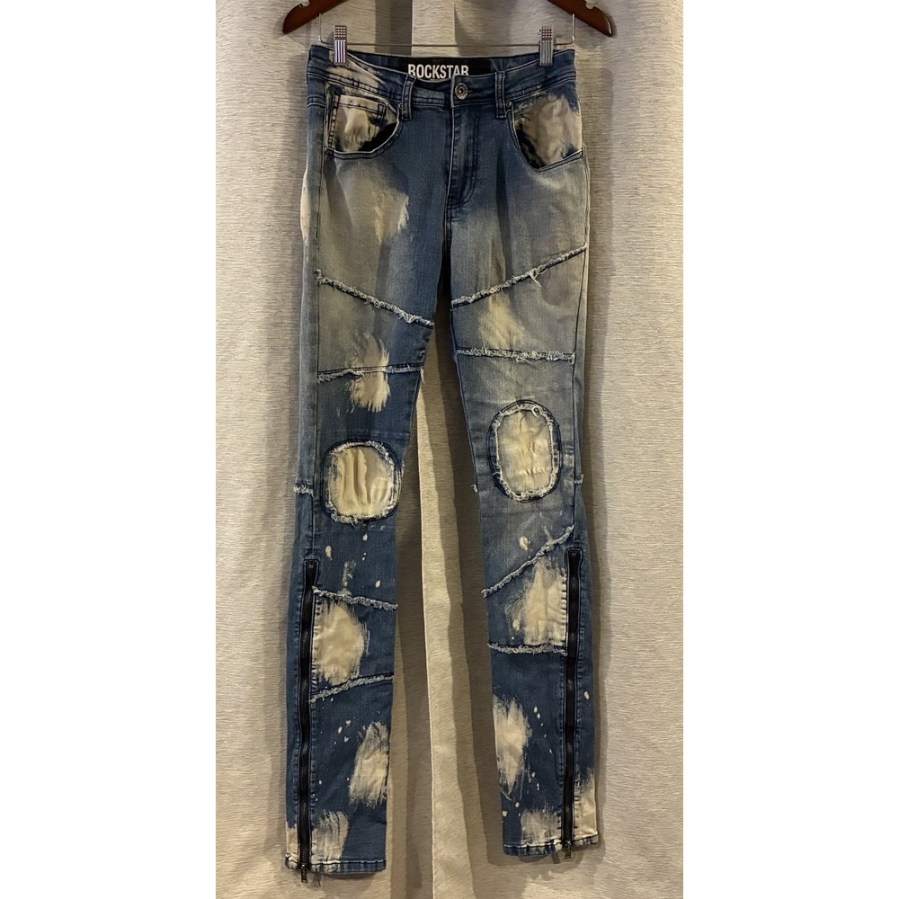 Rockstar Original Light Blue Distressed Patchwork Denim Jeans Slim Fit Size 28